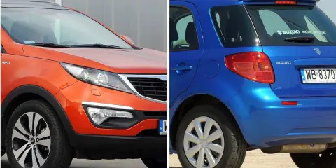 Pomarańczowy Kia Sportage i niebieski Suzuki SX4. Które z nich to najmniej awaryjne auta?