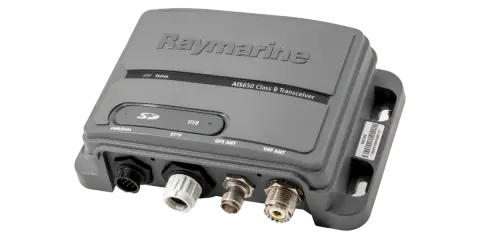 Émetteur-récepteur AIS650 Class B Raymarine, avec ports pour GPS, VHF, alimentation et données. Idéal pour la sécurité en mer.