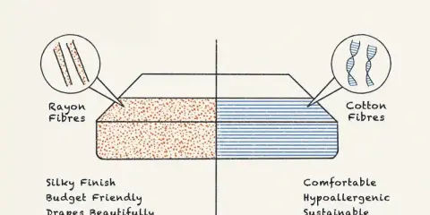 Rayon vs Cotton comparison. Rayon fibers are shown with a silky finish, budget-friendly, and drapes beautifully. Is rayon a good fabric? Yes, for these qualities!