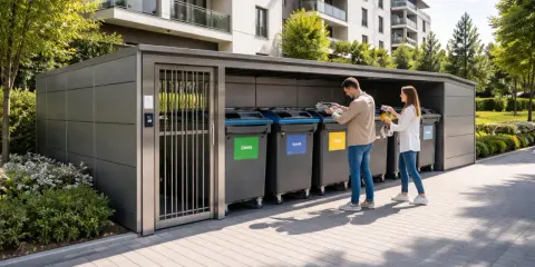 Nowoczesne miejsce na kosze na śmieci w ogrodzeniu, z parą segregującą odpady.