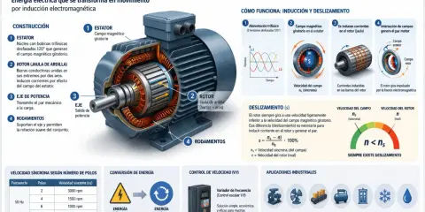 Motor asíncrono con rotor y estator, mostrando el campo magnético giratorio y la inducción. El deslizamiento es clave para el funcionamiento sincrono y asincrono.