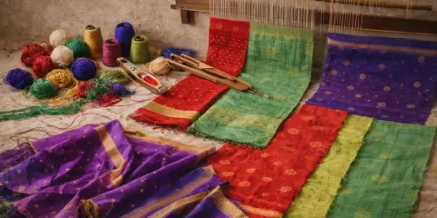 Vibrant Indian textiles, including colorful yarn balls, a weaving shuttle, and richly patterned fabrics in red, green, and purple, are laid out near a loom.