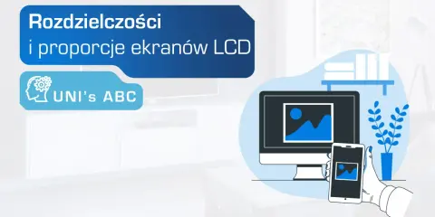 Rozdzielczości i proporcje ekranów LCD. Grafika przedstawia monitor i smartfon z tym samym obrazem, ilustrując różne rodzaje rozdzielczości.