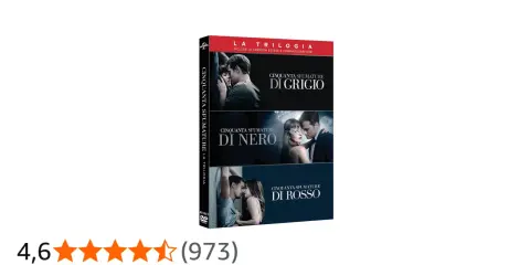 La trilogia di "Cinquanta sfumature" in DVD, con le copertine dei tre film: Grigio, Nero e Rosso.