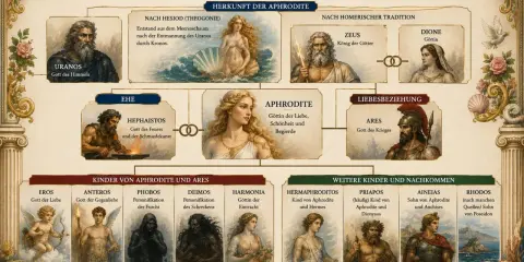 Stammbaum der Aphrodite: Eros, der Sohn der Aphrodite, ist als Gott der Liebe dargestellt.