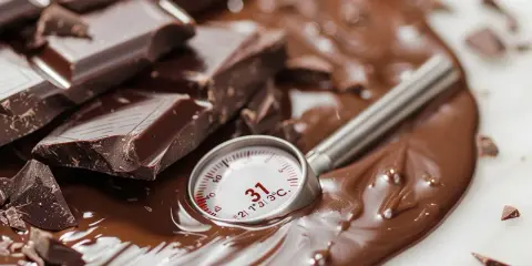 Morceaux de chocolat noir fondus, un thermomètre indiquant 31°C, parfait pour le temperage chocolat au lait.