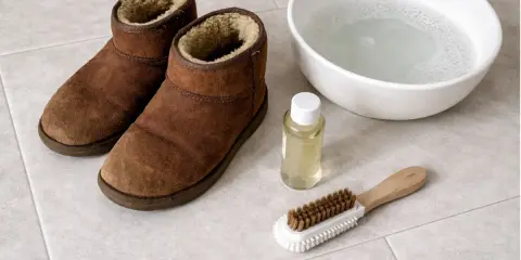 Brązowe buty UGG, miska z wodą, buteleczka z płynem i szczotka do czyszczenia. Dowiedz się, jak czyścić UGG.