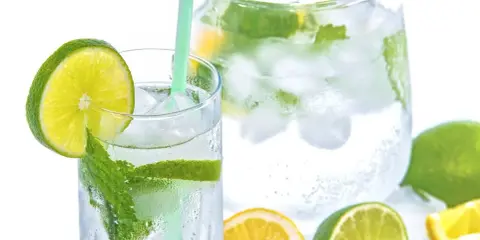 Erfrischendes Tonic Water stillen Durst mit Eis, Minze und Limette. Ein Glas und eine Karaffe voller Kühle.