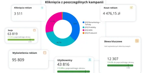 Analiza efektywności planu marketingowego salonu kosmetycznego: kliknięcia, sesje, koszt reklam i słowa kluczowe.