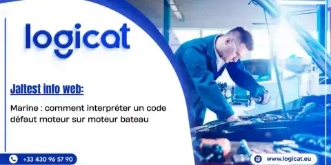 Un mécanicien examine un moteur de bateau pour diagnostiquer un problème moteur. Le logo "logicat" est visible.