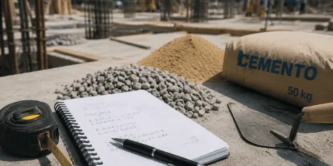 En una obra, un cuaderno con cálculos, cinta métrica, pala, grava, arena y un saco de cemento de 50 kg, listo para el peso hormigón.