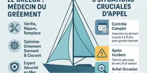 Illustration d'un voilier avec une voilure stylisée, expliquant le rôle du gréeur pour la sécurité et l'entretien du gréement.