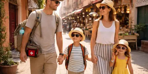 Familia feliz paseando por un zoco, disfrutando de su aventura de marrakech con niños.