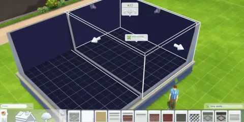 Budowanie w The Sims 4: jak zrobić pół płytki. Widok na pusty pokój z siatką podłogową i narzędziami do budowy.