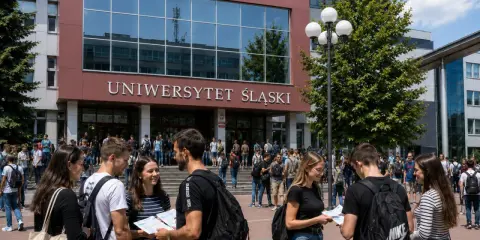 Studenci Uniwersytetu Śląskiego w Gliwicach rozmawiają przed budynkiem.
