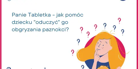 Domowy sposób na obgryzanie paznokci u dzieci? Ilustracja przedstawia zamyśloną kobietę otoczoną znakami zapytania, szukającą odpowiedzi na to pytanie.