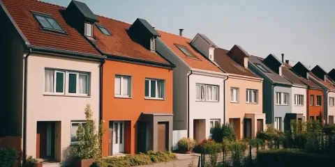 Szereg kolorowych domów z dachami pokrytymi dachówką. Ciekawe nazwy domów mogłyby pasować do tej uroczej uliczki.