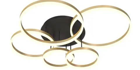 Nowoczesna lampa z pięcioma złotymi okręgami, które tworzą efektowną kompozycję świetlną.