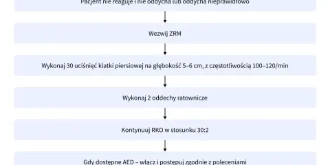 Algorytm BLS dla zatrzymania krążenia (ICD-10): nieprzytomny, nie oddycha? Wezwij ZRM, RKO 30:2, użyj AED.