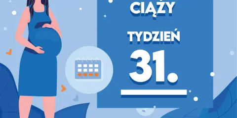 Kobieta w niebieskiej sukience, w 31 tygodniu ciąży, trzyma dłoń na brzuchu. Obok kalendarz i napis "Kaledarz ciąży tydzień 31".