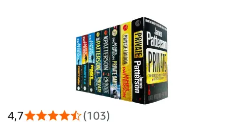 Una fila di libri della serie "Private" di James Patterson, disposti in ordine cronologico.