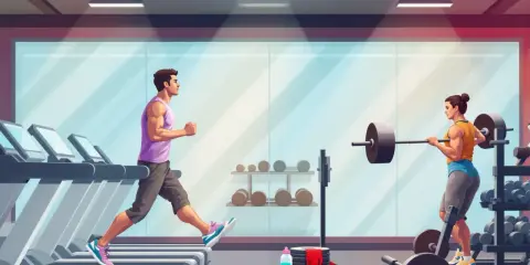Mężczyzna biegnie na bieżni, kobieta podnosi sztangę. Wybierz swój trening: siłowy czy cardio.