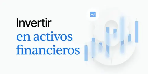 Texto "Invertir en activos financieros" con gráfico de velas y un icono de tendencia.