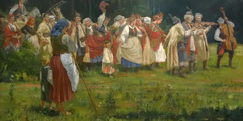 Tłum ludzi w strojach ludowych świętuje, muzycy grają, a dzieci tańczą. Obraz oddaje staropolskie zwyczaje weselne.