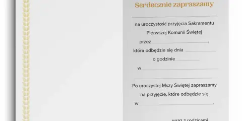Szablon zaproszenia na komunię. Tekst informuje, jak wypisać zaproszenia na komunię, podając datę, godzinę i miejsce uroczystości.