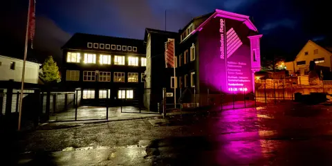 Gebäude mit leuchtenden Fenstern und pinker Beleuchtung. "Rolladen Rapp" wirbt für Nothandkurbel Rolladen, Pflicht für Sicherheit.