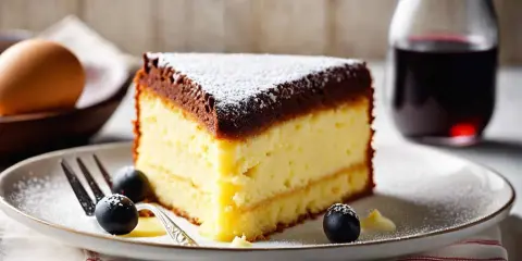 Tranche de gâteau génoise légère, garnie de chocolat et saupoudrée de sucre glace, accompagnée de baies et d'une touche de crème.