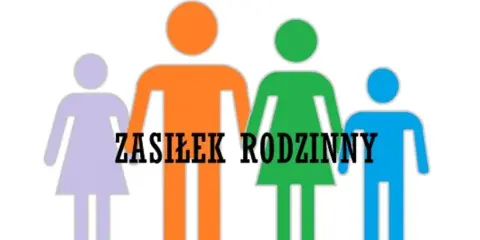 Kolorowe sylwetki rodziny z napisem "ZASIŁEK RODZINNY".