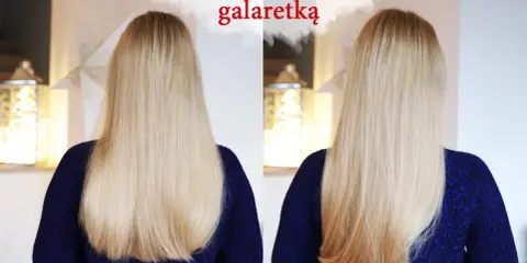 Efekt lśniących włosów po laminowaniu galaretką. Dwa ujęcia tej samej blond fryzury, porównanie przed i po zabiegu.
