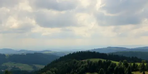 Malownicze **góry Sowie** oferują liczne **atrakcje** turystyczne. Widok na zielone wzgórza i lasy pod zachmurzonym niebem.
