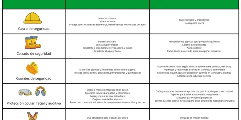 Tabla comparativa de equipos de protección individual (EPI) para construcción e industria: cascos, calzado, guantes, protección ocular/auditiva y arneses.