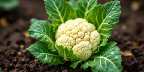 Un chou-fleur blanc et frais, prêt à être récolté, pousse dans la terre. La saison du chou-fleur est là !