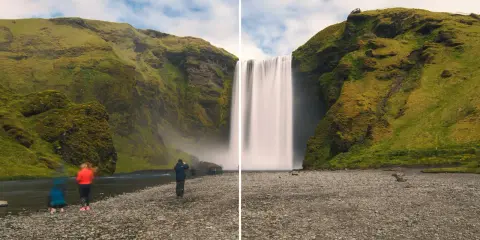 Cascada islandesa con efecto seda, como si se hubiera usado un **tampon de clonar** para suavizar el agua.