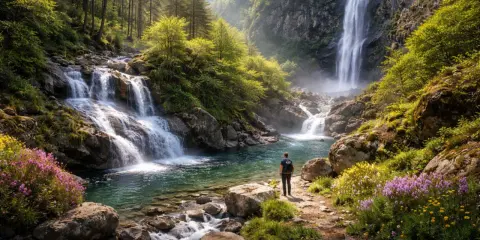 Un escursionista ammira la maestosità delle cascate in Calabria, immerse in un bosco rigoglioso e fiorito.