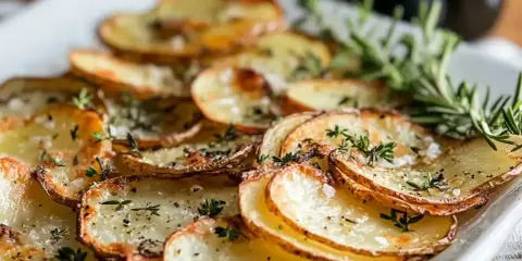 Krispiga, tunna skivor av rosmarin potatis toppade med örter och havssalt. Perfekt tillbehör!