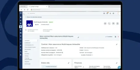 Interface d'une application de courtage en assurance, affichant les détails d'un contrat multirisques immeuble AXA. Gestion des sinistres et des finances pour une meilleure expérience ged assurance.