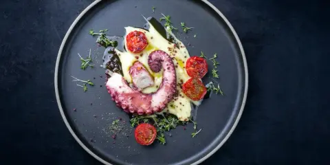 Un tentacolo di polpo alla griglia, servito su purè di patate con pomodorini confit e timo fresco.