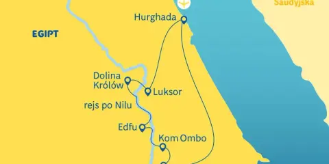 Mapa Egiptu z trasą turystyczną: Hurghada, Luksor, Dolina Królów, rejs po Nilu, Edfu, Kom Ombo, Asuan. Zastanawiasz się, ile się leci do Egiptu?