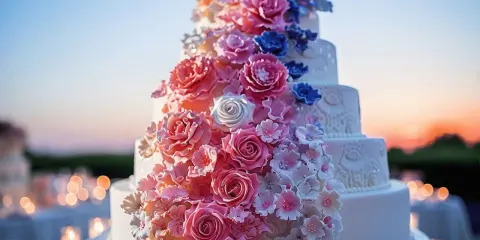 Un magnifique gâteau à étages orné de roses et de fleurs roses, bleues et blanches. Une recette gâteau original pour un événement spécial.