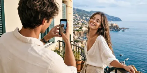 Un homme prend une photo de sa compagne sur un balcon avec vue sur la mer. Une petite attention pour immortaliser leur bonheur.