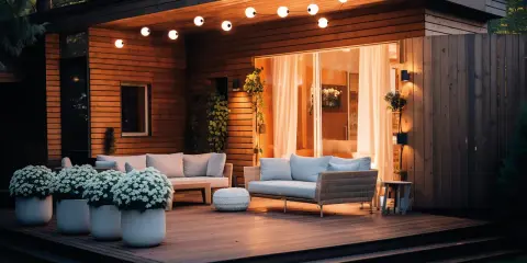Urocza lampa wisząca na taras tworzy przytulną atmosferę. Wokół wygodne meble i białe kwiaty.