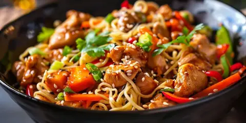 En närbild av en läcker kycklingwok med nudlar, toppad med sesamfrön och färsk koriander. En perfekt måltid!