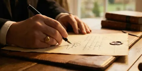 Main tenant signe un document avec un sceau de cire, peut-être pour son assurance vie en cas de suicide.