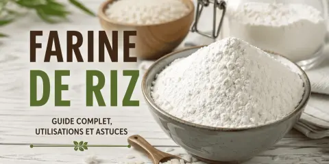 Guide complet sur la farine de riz : par quoi remplacer la farine de riz, ses utilisations et astuces. Gros plan sur des bols de riz et de farine.