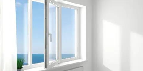 Ventanas oscilobatientes con vista al mar. Una planta verde decora el alféizar.