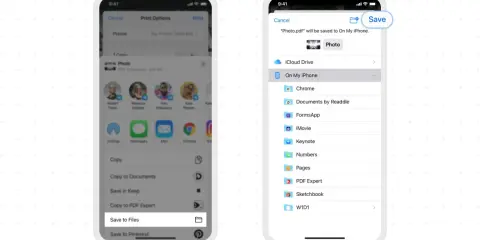 Skanowanie dokumentów iPhone: wybierz "Zapisz do plików", aby zachować zeskanowany dokument PDF na urządzeniu.